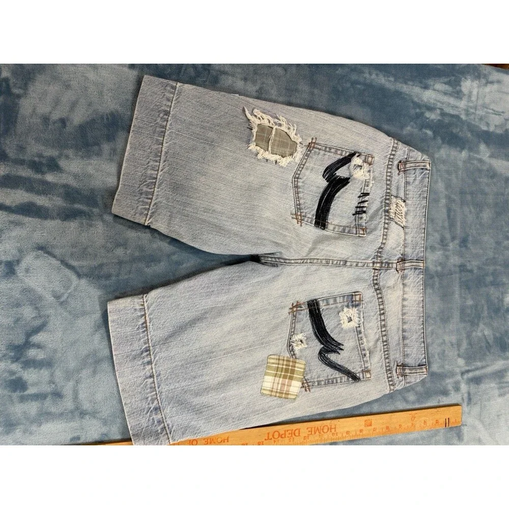 Vintage Something Trickie Y2K Patchwork Denim Shorts Distressed Plaid Size 9